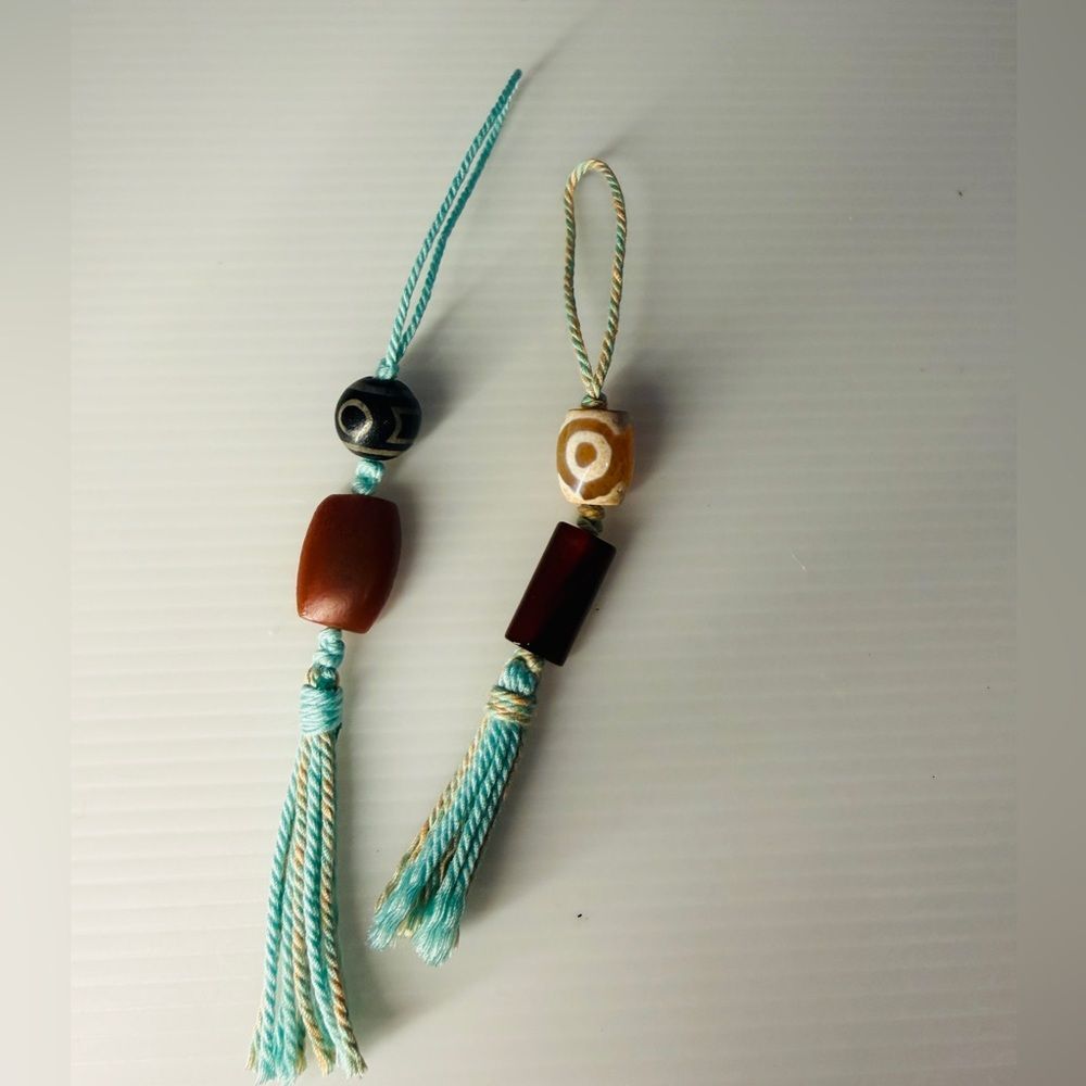 Lot of 2 Handcrafted agate beaded Tassel Keychain bag charm Turquoise Brown